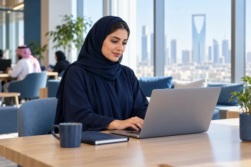 مهنية تراجع معلوماتها على الحاسوب
